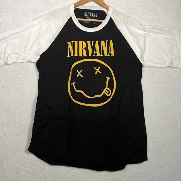 Nirvana Smiley face concert release Raglan long‎ hem cotton T-shirt NWOT Men L - Picture 1 of 7